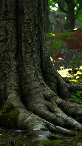 close-up of a tree trunk with roots in a forest