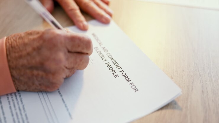 Senior person, hand and medical document