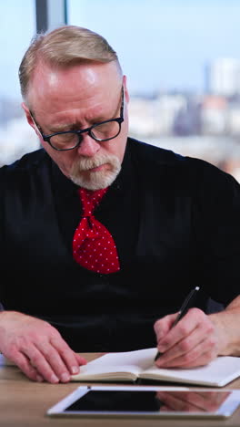 stylish handsome businessman working in the office. mature middle age in casual cloth. vertical video