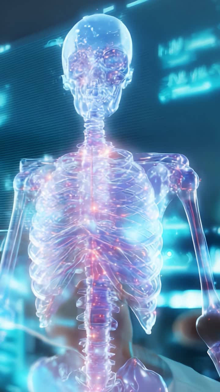 A detailed 3D visualization of a human skeleton model showcasing the intricate structure of bones and joints with glowing elements for educational purposes