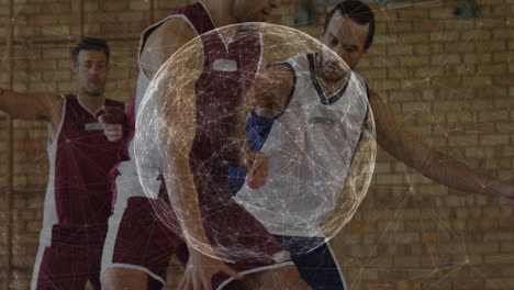 playing basketball, athletes with animation of digital network sphere overlay