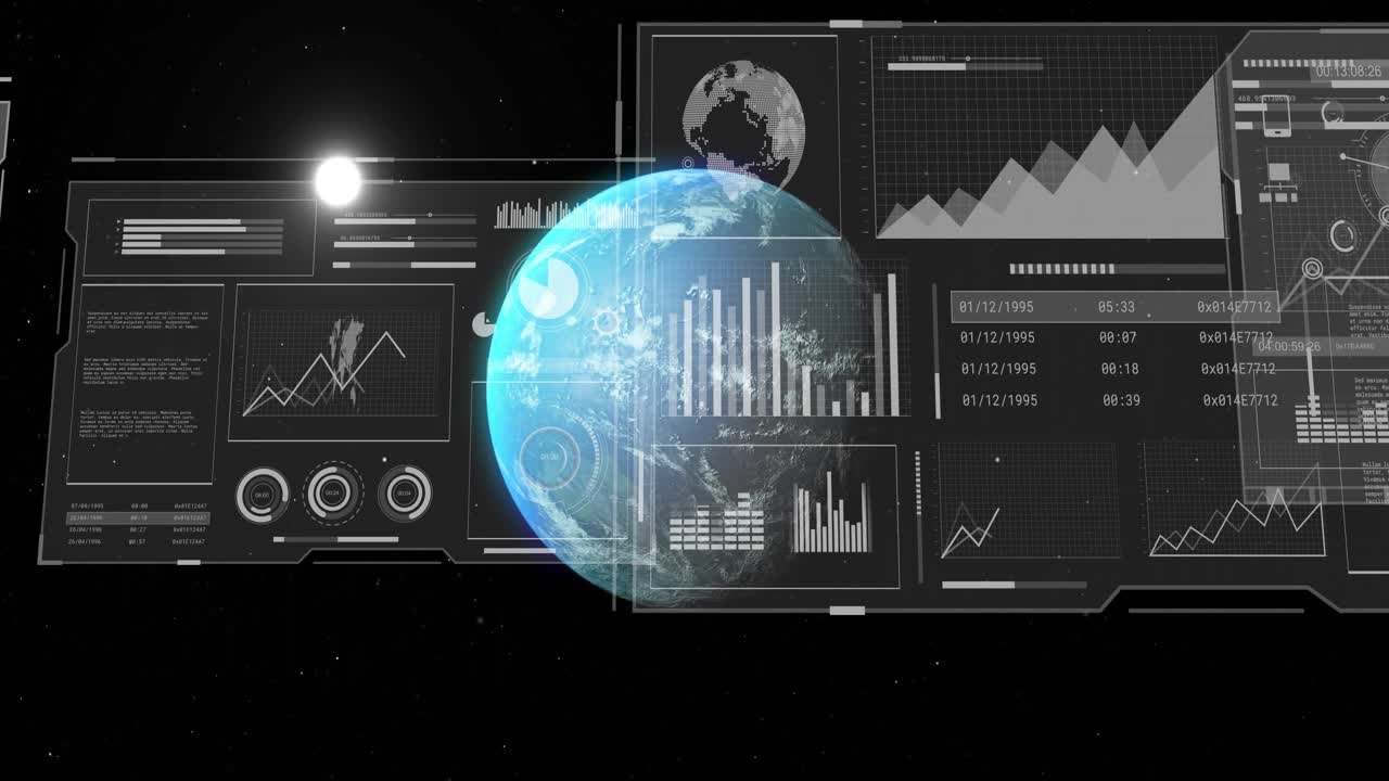 Earth rotating starting holographic panels sliding in, updating charts, visualizing global metrics