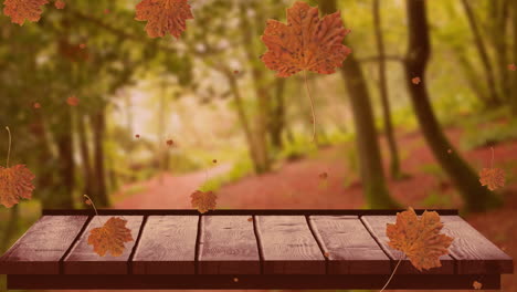 animation of autumn leaves falling over trees and wooden surface