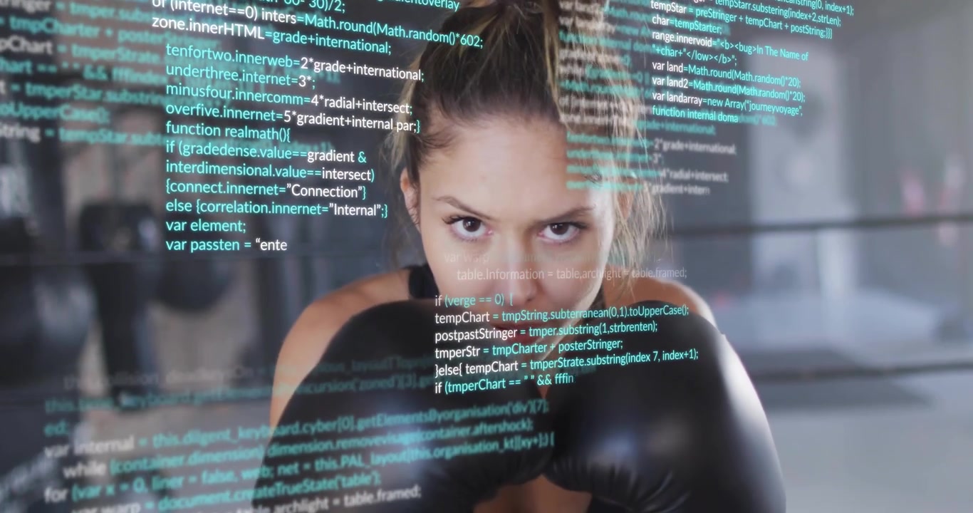 Female boxer initiating guard-to-jab sequence in boxing ring, training while code overlay scrolling