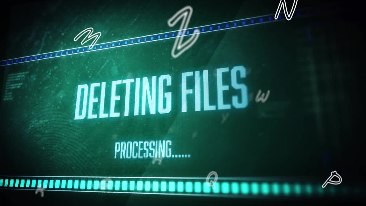 animación de eliminación de archivos de texto y procesamiento de datos digitales sobre fondo verde