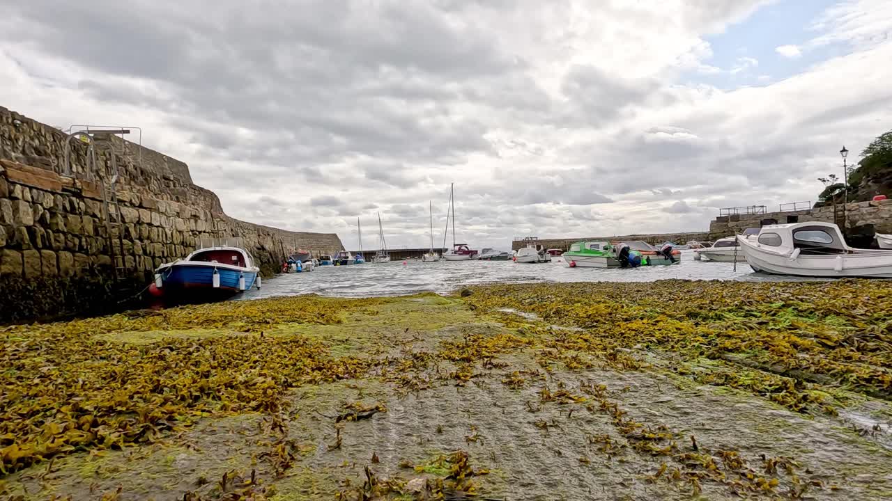 лодка, пришвартованная на пирсе с морскими водорослями.