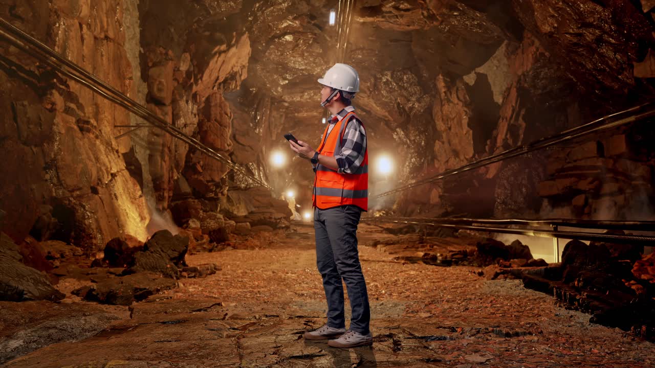 Full Body Side View Of Asian Male Engineer With Safety Helmet Using Smartphone And Looking Around While Standing In Underground Mine Tunnel