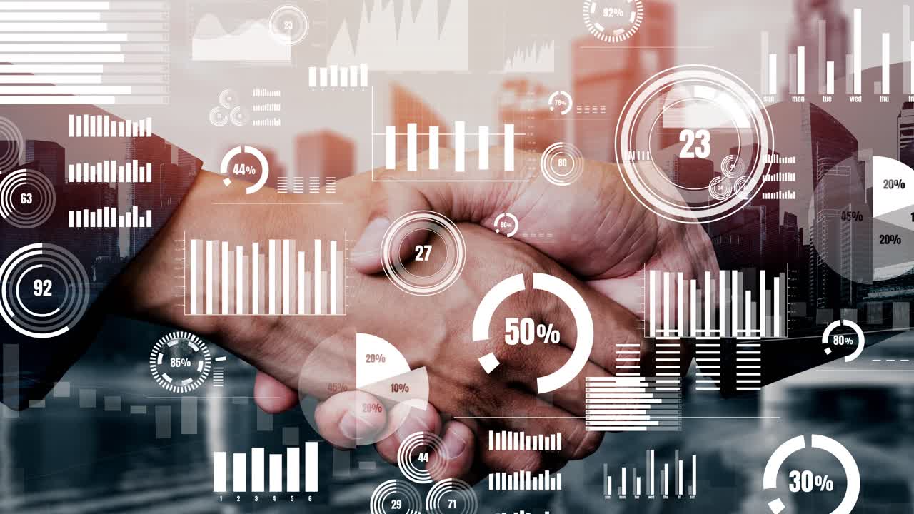 Conceptual business handshake with dashboard for financial data analysis