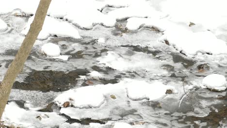 A-small-icy-creek-flowing-through-a-snowy-landscape-in-winter-at-the-Niagara-Escarpment-in-Hamilton,-Ontario---Canada