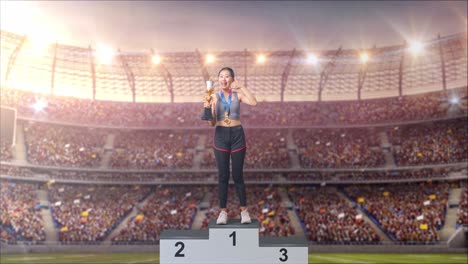 woman winning a trophy on the podium