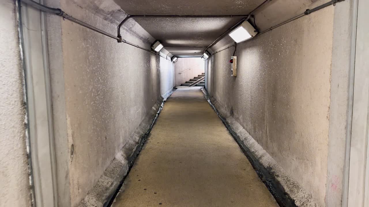 Una telecamera a mano si muove attraverso un tunnel pedonale in cemento e su per delle scale esterne a Kanazawa