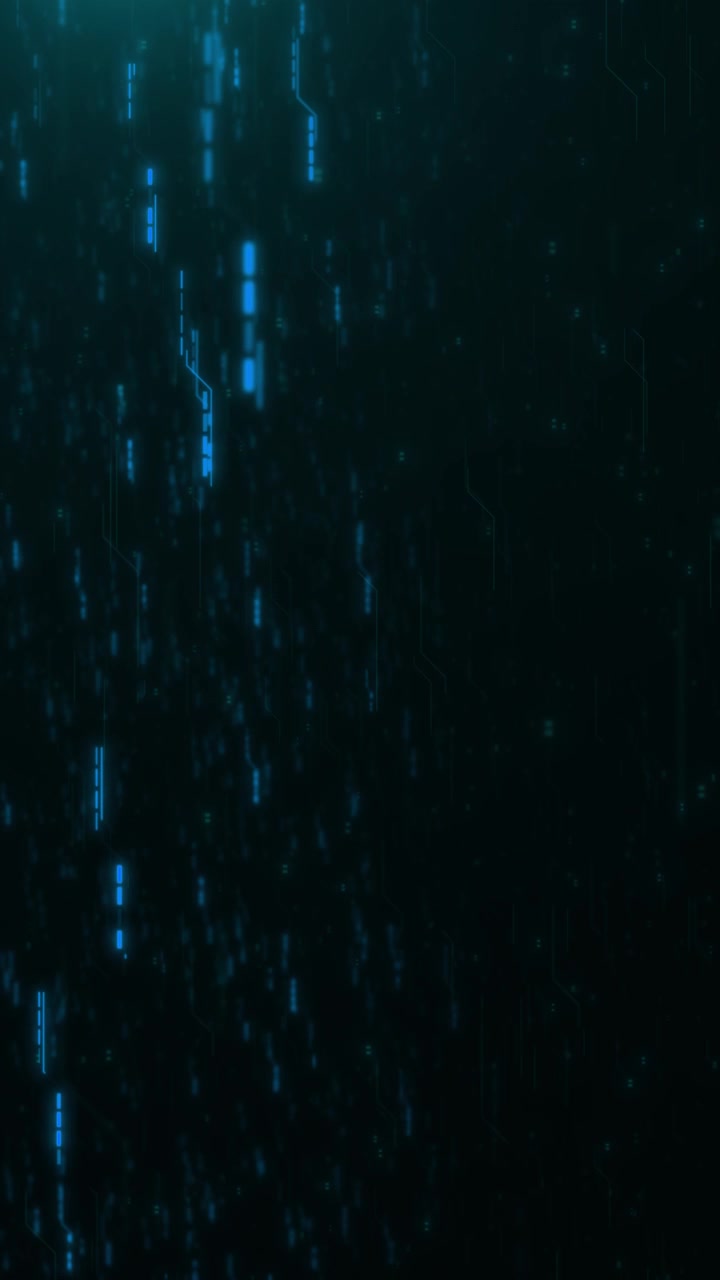 Dark blue digital circuit rain background with falling vertical light traces tiny particles and deep