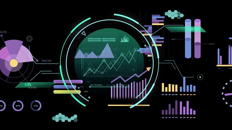 Central HUD on data pulse, rotating rings and updating charts for live analytics display