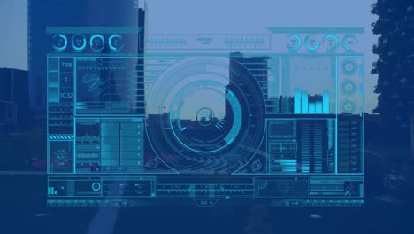 animation of interface with data processing against aerial view of cityscape