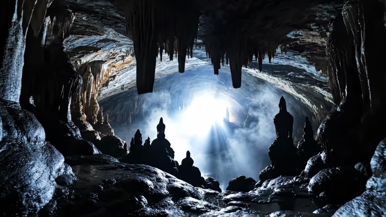 A Mysterious Cave with Stalactites and Sunlight
