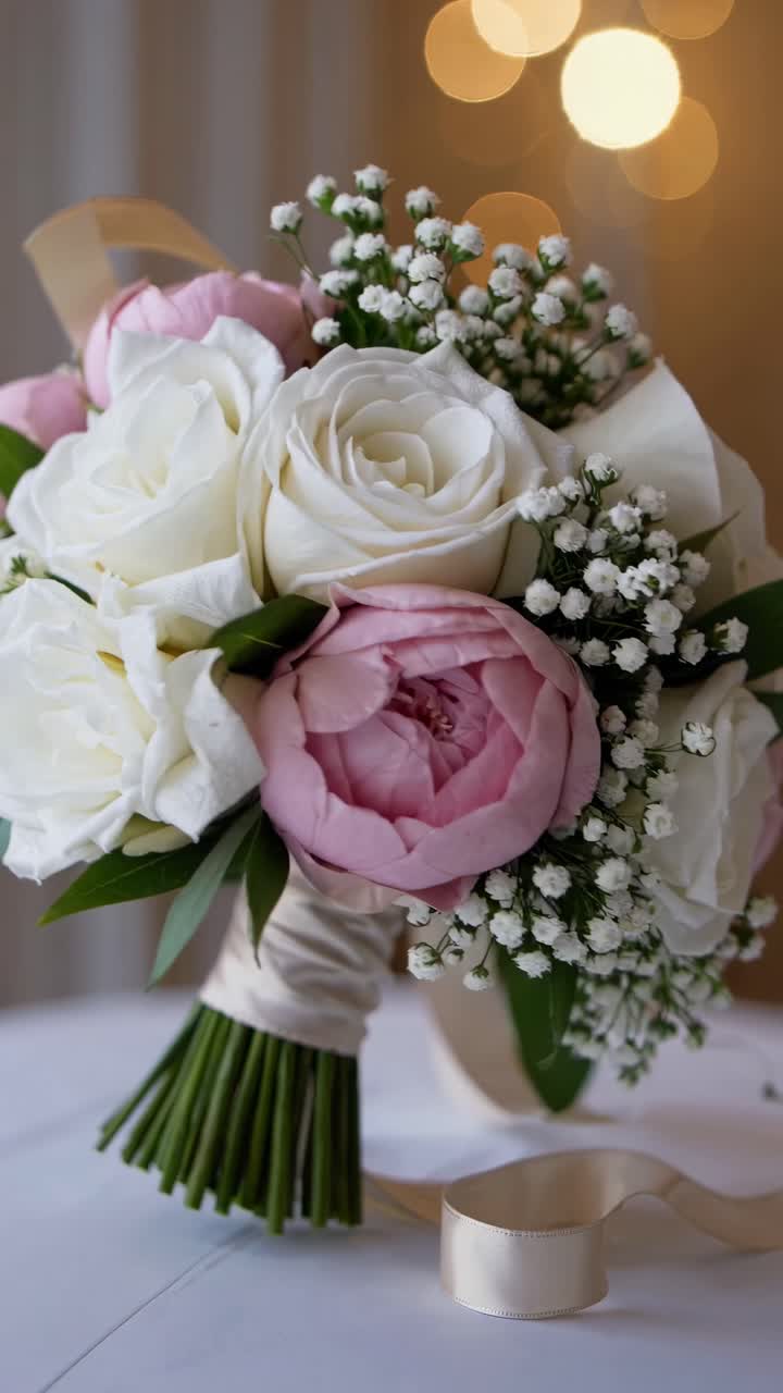 Primo piano di un elegante bouquet da sposa con rose bianche e peonie rosa