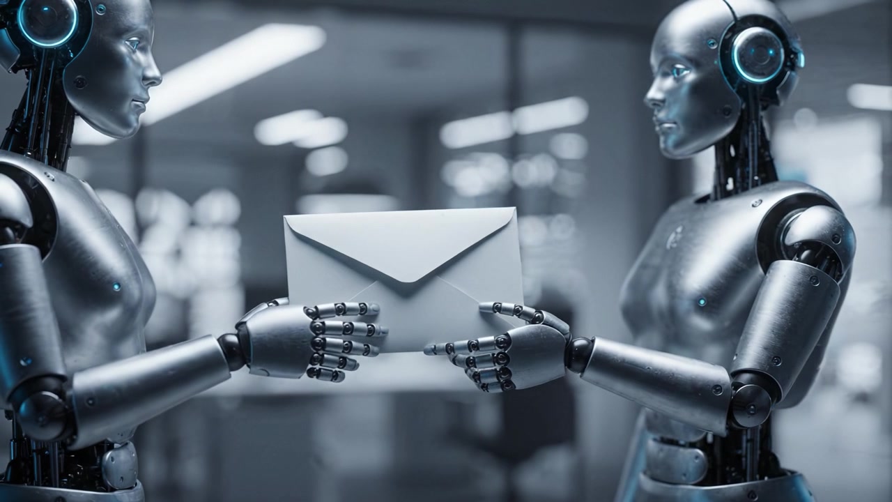 Due robot umanoidi interagiscono in un moderno ambiente d'ufficio, un robot consegna una busta all'altro, mostrando tecnologia e comunicazione nell'era digitale.