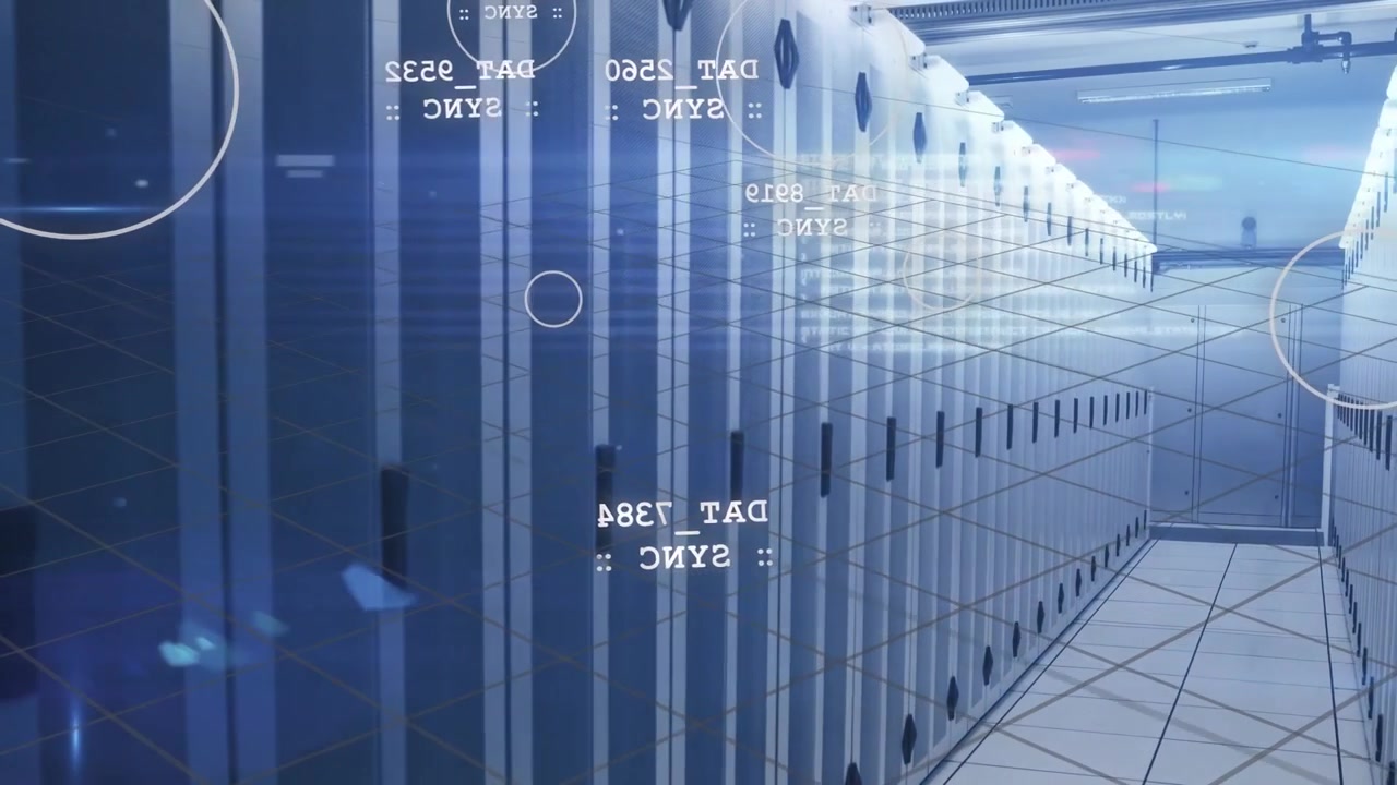 Camera pulling back revealing server racks in datacenter, HUD overlays animating for monitoring