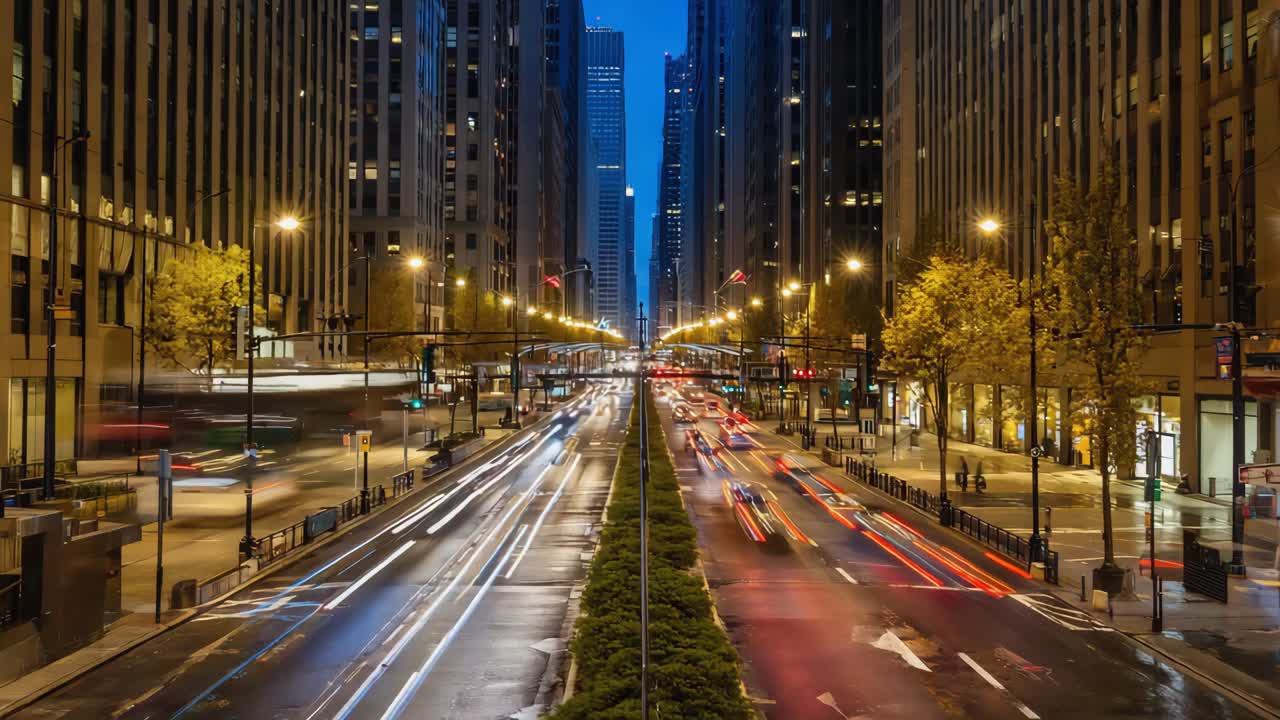 City Street at Night with Streaking Car Light Trails