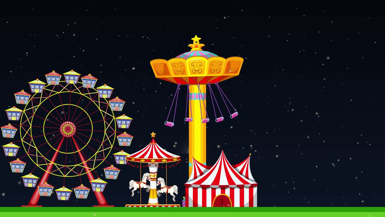 Colorful fairground rides and fireworks light up the night.