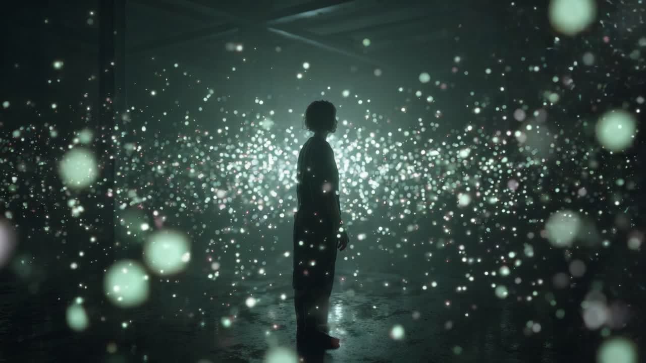 Dark silhouette of a person contemplating a mesmerizing digital simulation of glowing particles and bokeh lights floating in a futuristic, abstract environment representing metaverse concepts