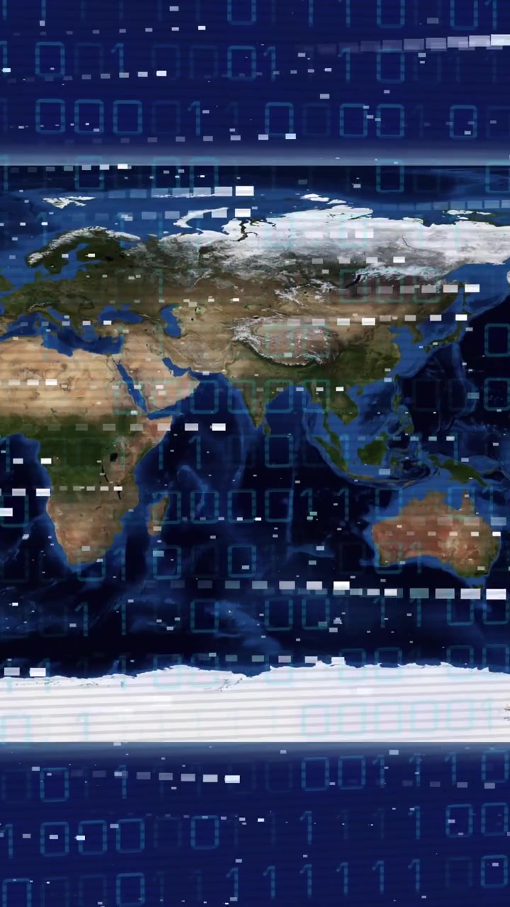 Animation of data processing over world map on blue background