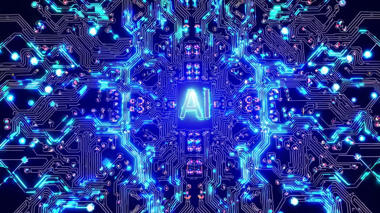 Top-down view of a glowing AI circuit board, showcasing intricate digital pathways