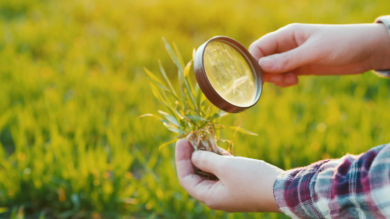 밭에서 돋보기로 밀싹을 연구하는 농부의 손