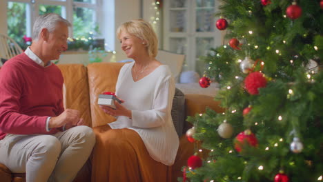 loving senior couple celebrating with champagne around christmas tree at home