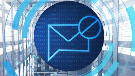 animation of circular scanner processing blocked mail message data over network server room