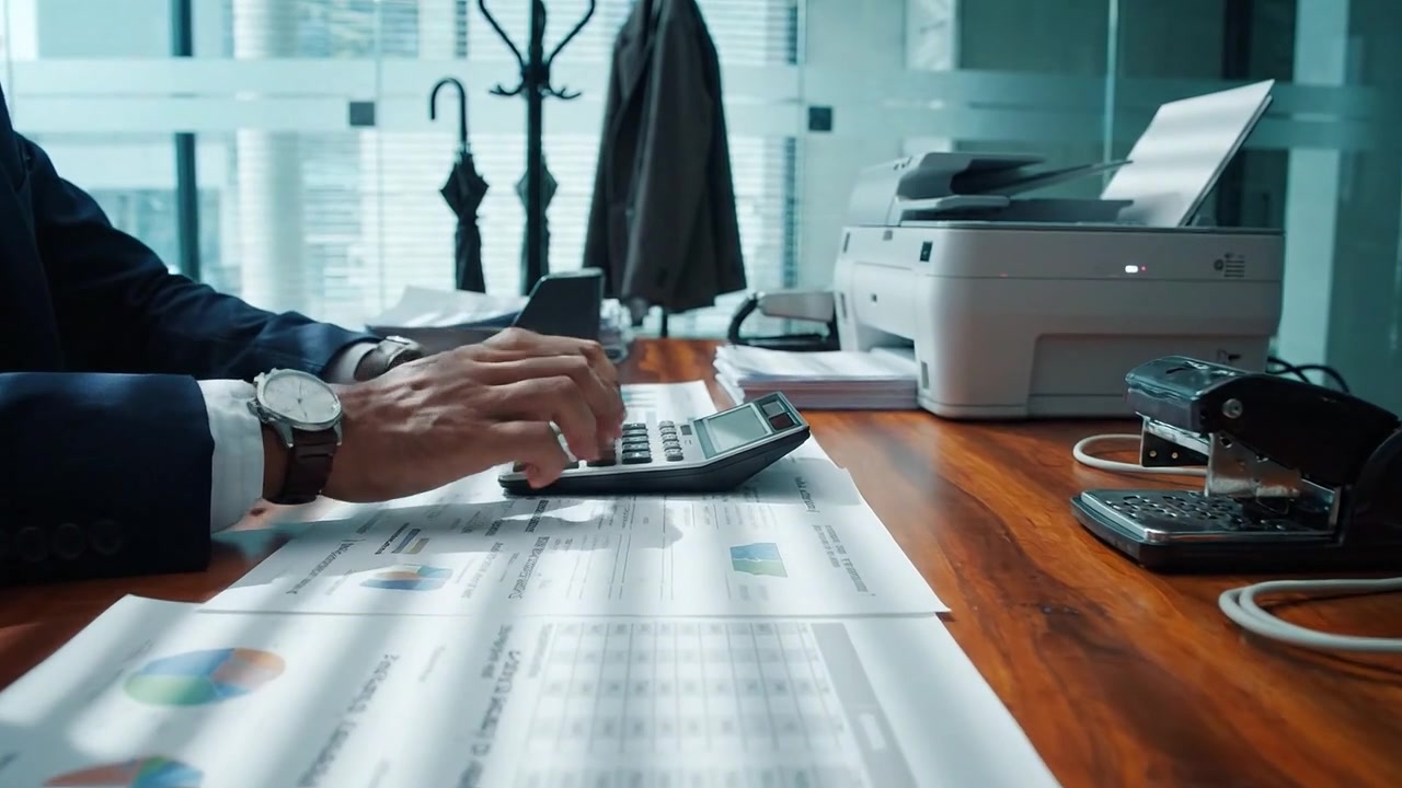 Focused Professional Analyzing Financial Reports with Calculator and Printer in Modern Office Environment, Emphasizing Productivity and Business Strategy