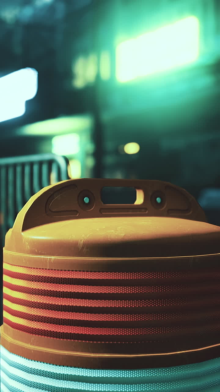 Urban street construction barrier lit by neon lights at night