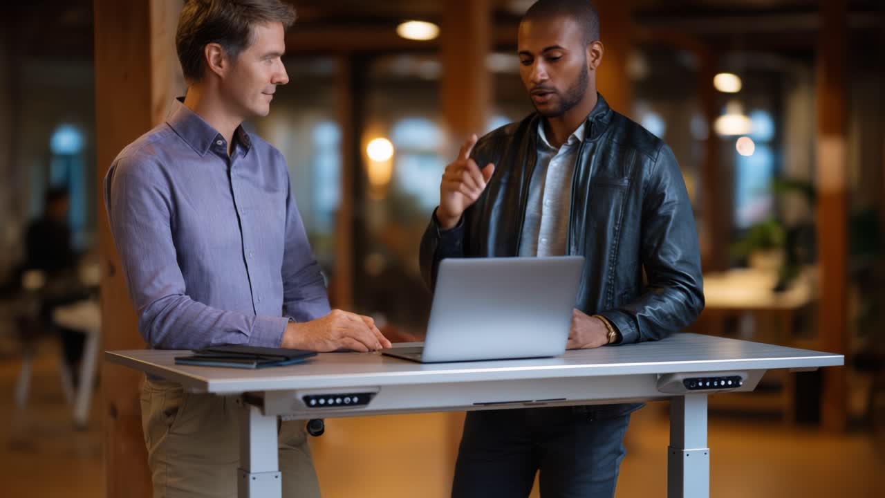 Two professionals engage in a focused discussion at a standing desk in a modern office environment, utilizing a laptop for collaboration and information sharing