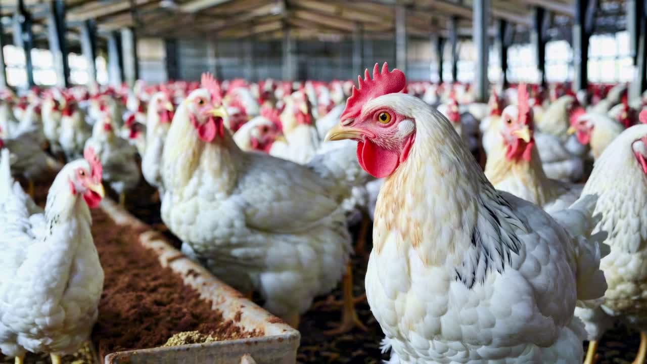 Close-up, eye-level view of chickens in a barn, showcasing a bustling farm environment