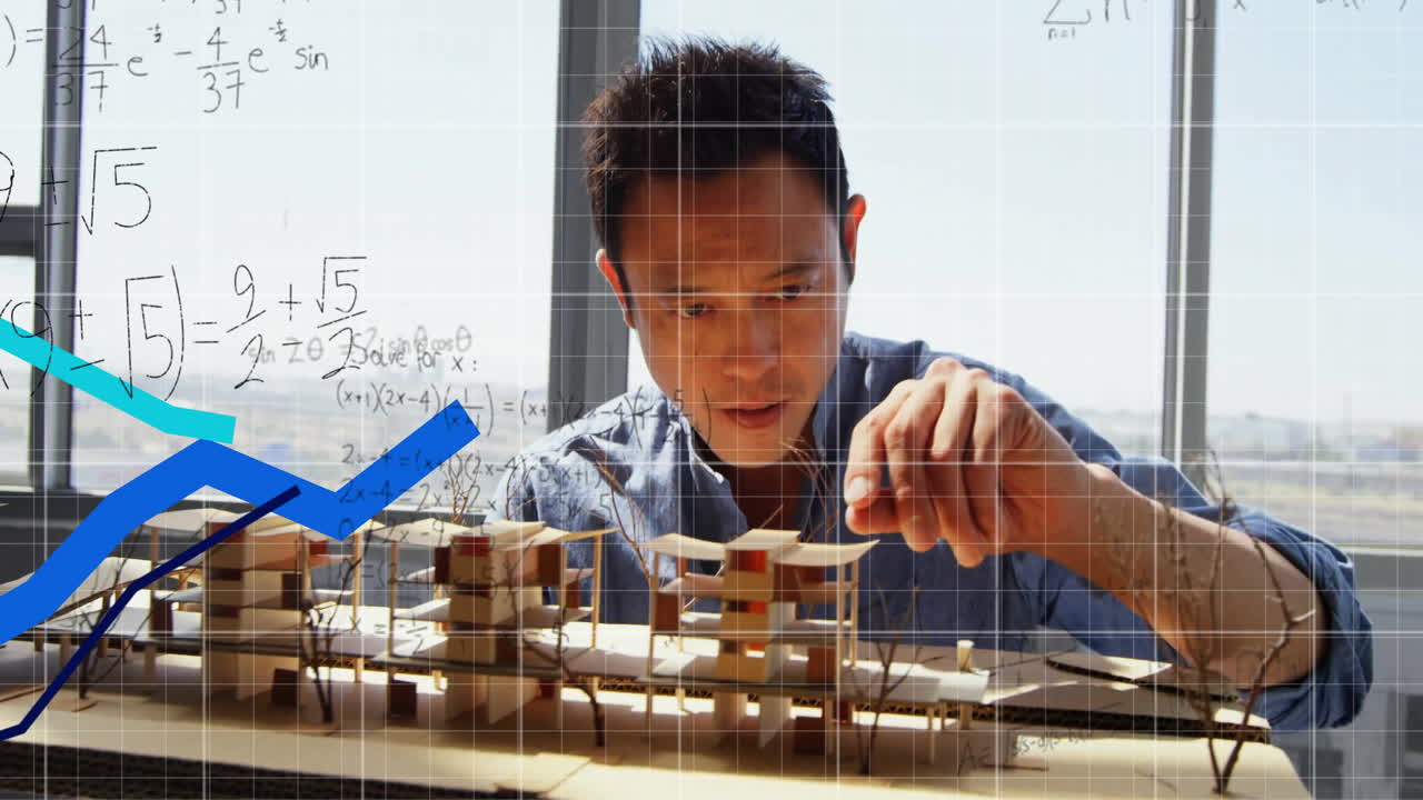 수학적 방정식 및 금융 데이터 처리의 애니메이션 아시아 남성 건축가