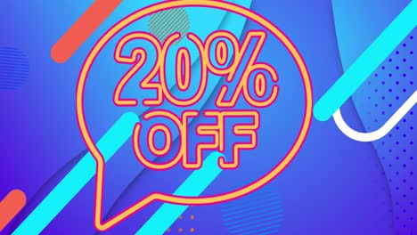 animation of 20 percent off text over a speech bubble against abstract shapes in seamless pattern