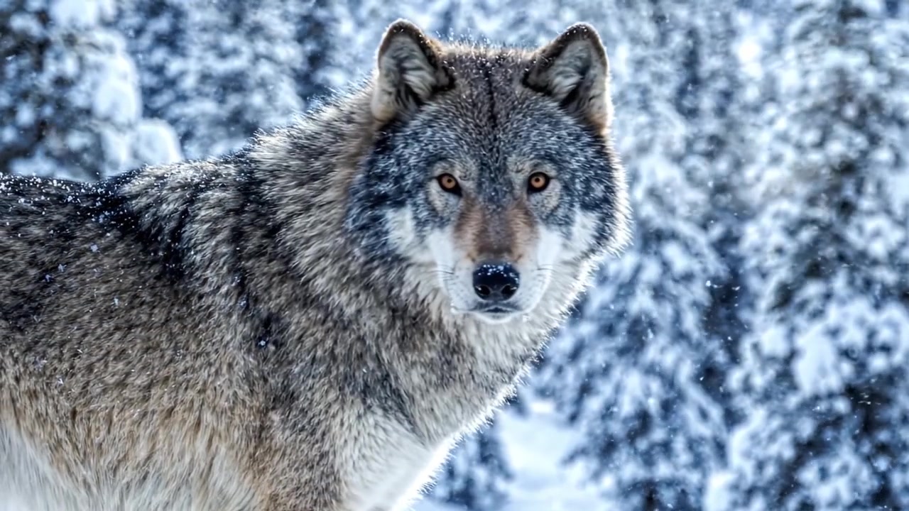 A Majestic Wolf in a Snow-Covered Forest: Capturing the Essence of Nature's Wild Beauty as It Stands Gracefully Against a Backdrop of Snow-Laden Pines