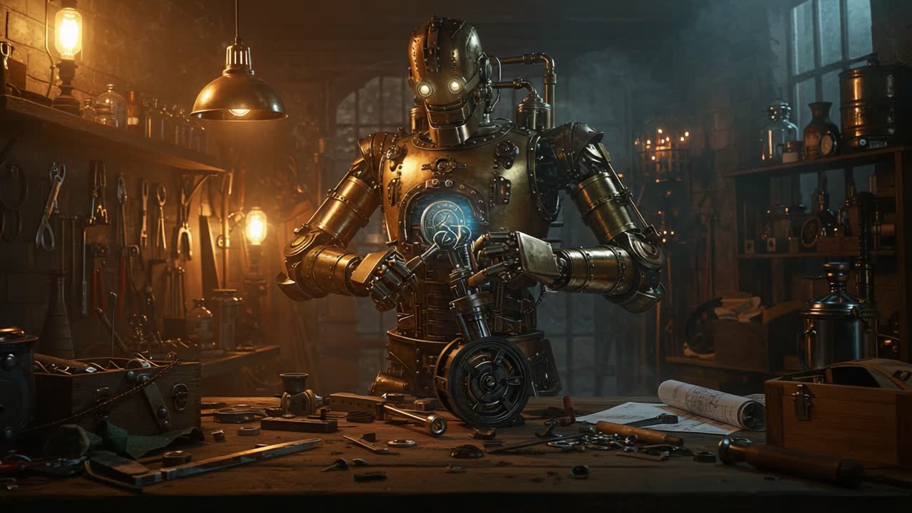 An intricately designed robot in a steampunk workshop meticulously works on mechanical parts, surrounded by tools and dim ambient lighting, showcasing the fusion of technology and artistry