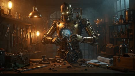 an intricately designed robot in a steampunk workshop meticulously works on mechanical parts, surrounded by tools and dim ambient lighting, showcasing the fusion of technology and artistry
