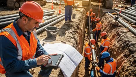 construction site team collaborates in trench work: a skilled worker reviews plans while others install pipes in bright safety gear