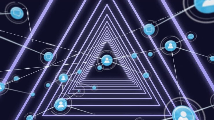 Network of profile icons against neon blue glowing triangular tunnel on black background