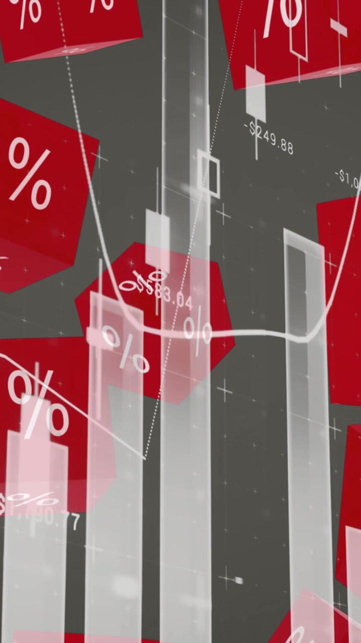 Animation of red cubes with per cent sign over graphs and statistics