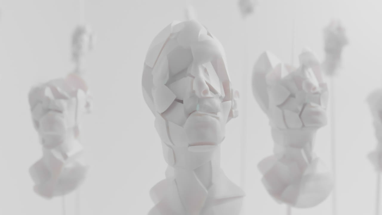 Multiple crushed android heads on spikes in white space