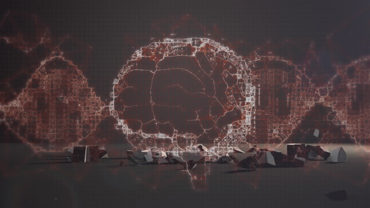 인간의 뇌가 달러 통화 기호를 회전시키고 회색 배경에 떨어지고 깨집니다.