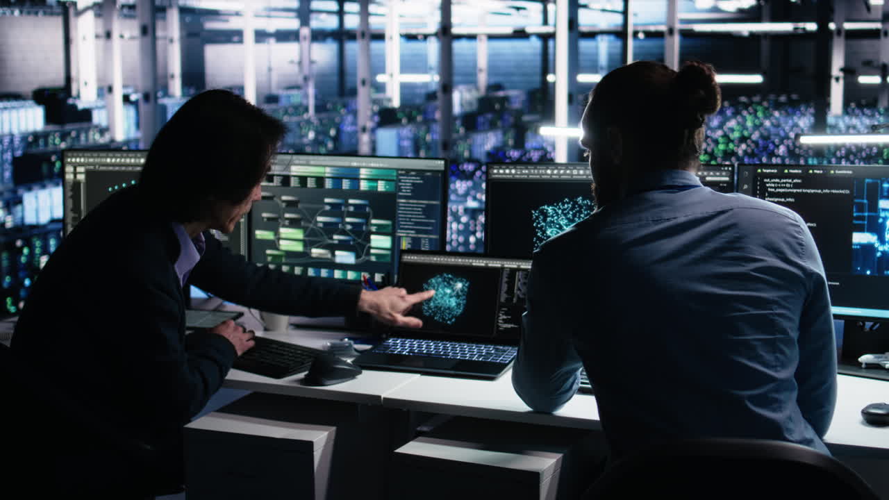 Data Center System Administrators Use Pc To Monitor Neural Network Using Ai