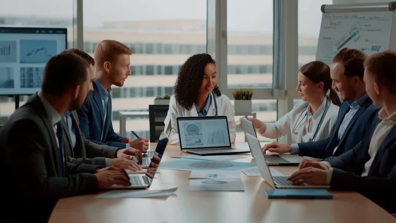 Healthcare Business Professionals Discussing Data and Strategy in a Meeting
