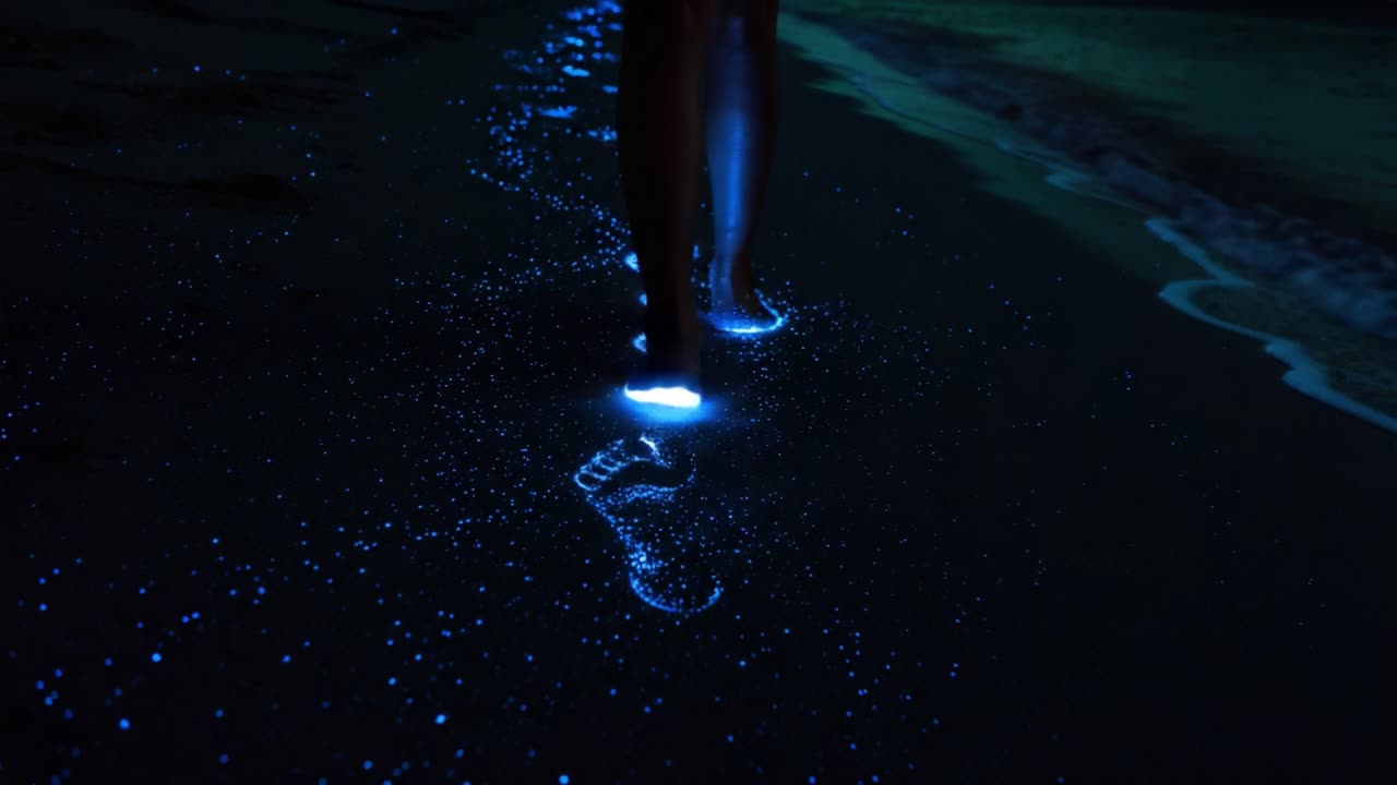 A mesmerizing display of luminescence as glowing footprints illuminate the sandy shore, creating an enchanting scene under the night sky along the tranquil beach