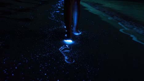 a mesmerizing display of luminescence as glowing footprints illuminate the sandy shore, creating an enchanting scene under the night sky along the tranquil beach