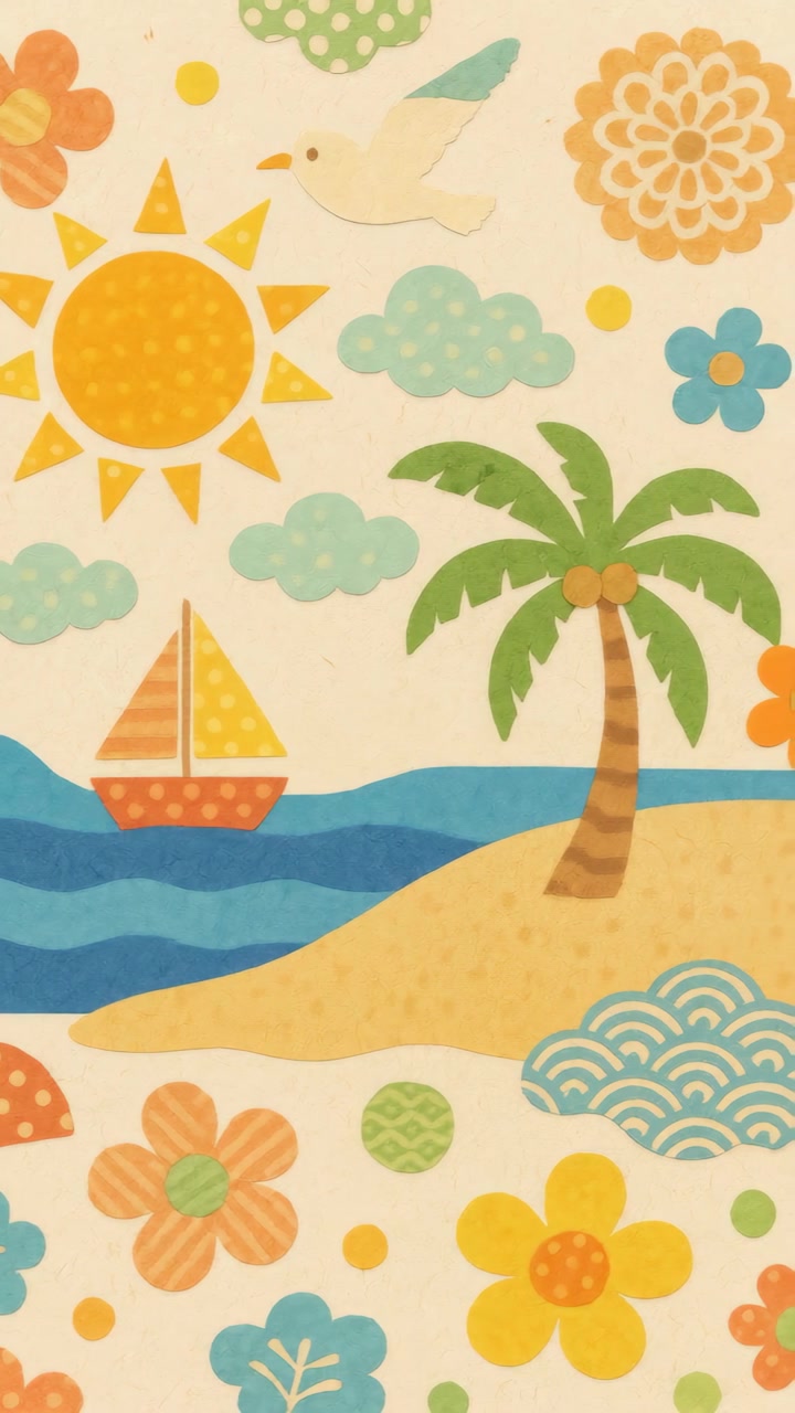Vibrant Paper Cut Summer Beach Scene with Palm Tree and Sailboat