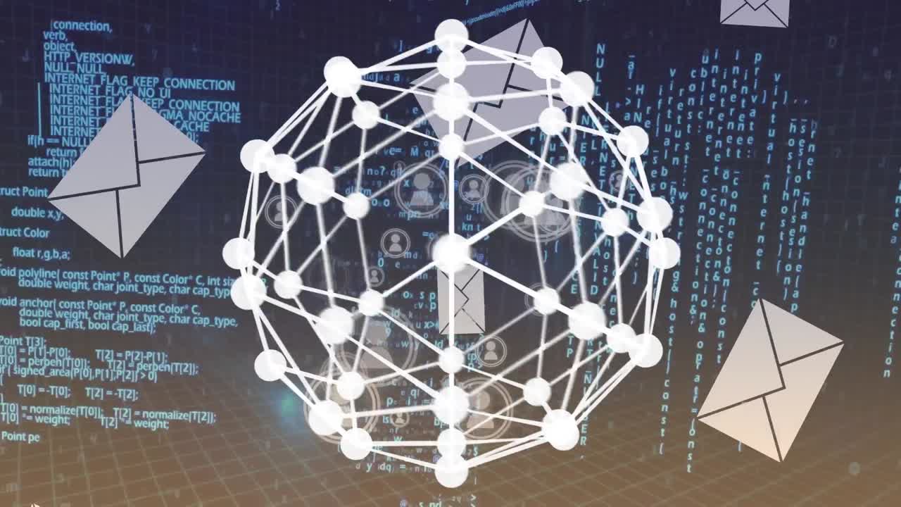 animación del procesamiento de datos sobre iconos de medios y sobres